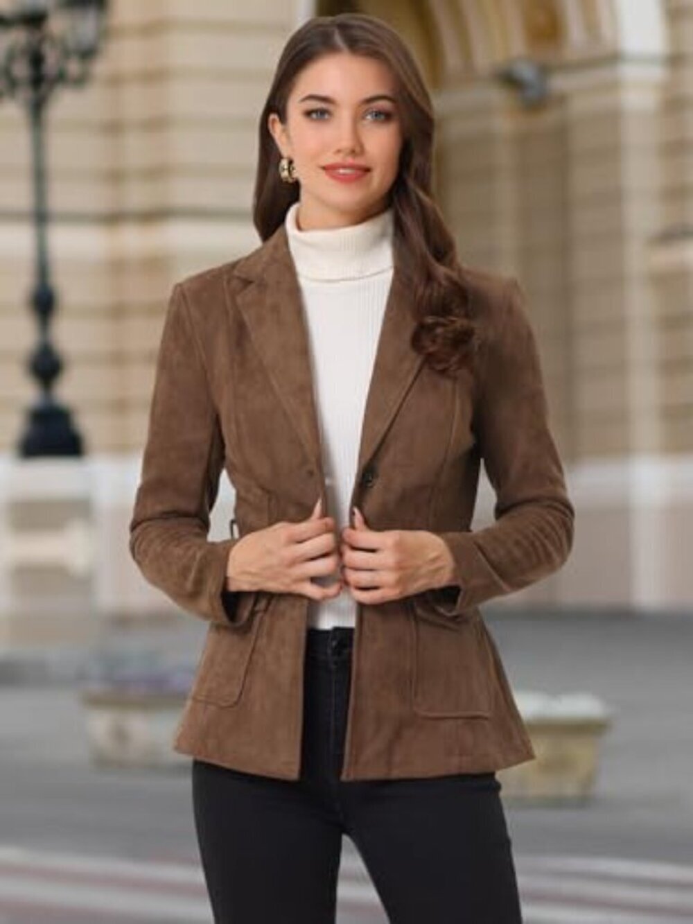 ๐ Women's Faux Suede Blazer Belted Lapel Outwear Single Breasted Work Jacket - Picture 2 of 7